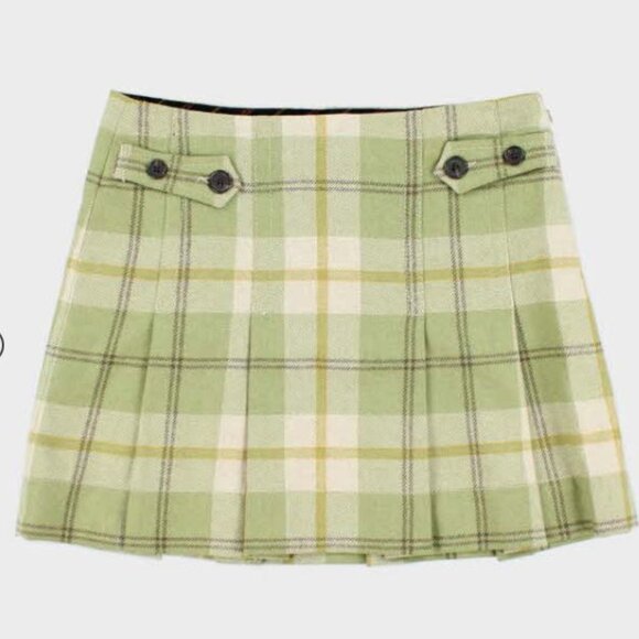 Vintage GAP Y2K Green Checked Plaid Pleated Mini Skirt Wool Blend Size 10 - Picture 1 of 11